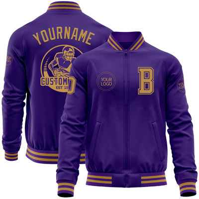 Custom Purple Old Gold Bomber Varsity Letterman Zipper Jacket