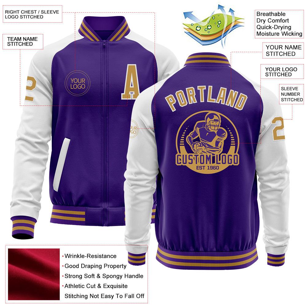 Custom Purple Old Gold-White Bomber Varsity Letterman Two Tone Zipper Jacket