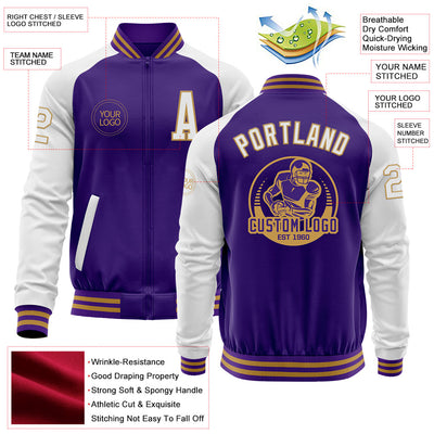 Custom Purple White-Old Gold Bomber Varsity Letterman Two Tone Zipper Jacket
