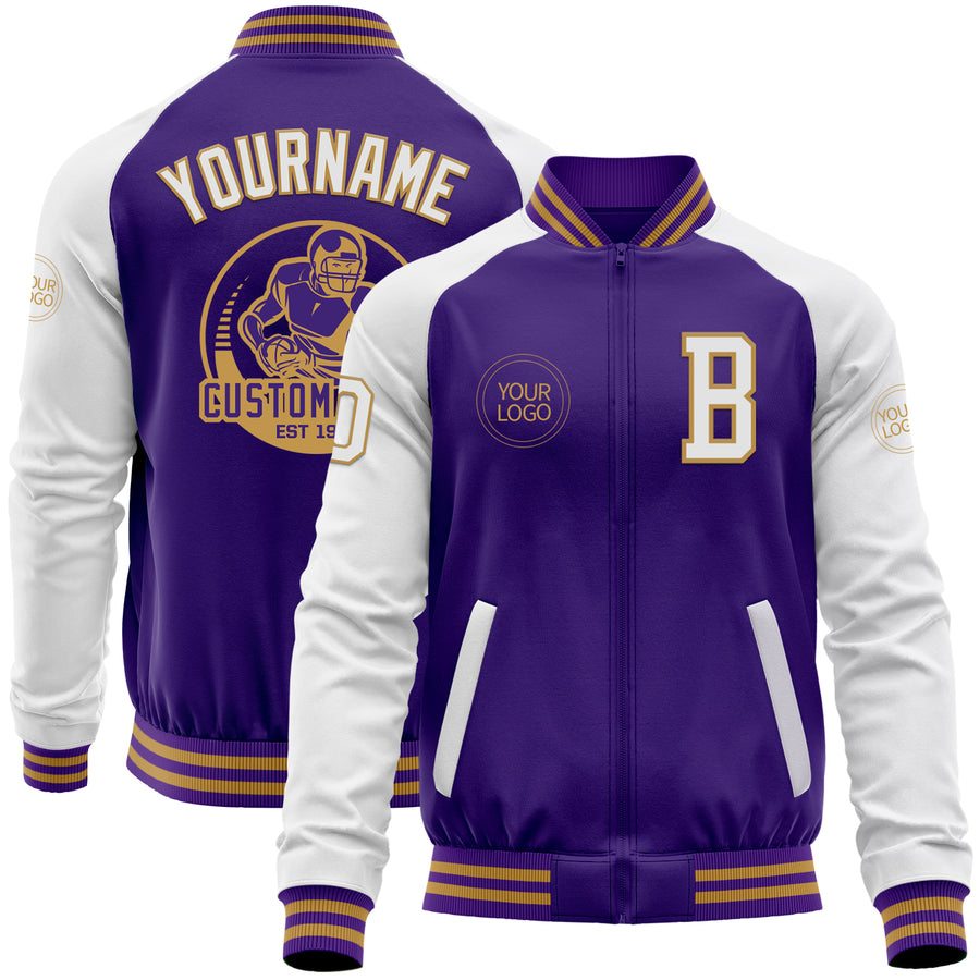 Custom Purple White-Old Gold Bomber Varsity Letterman Two Tone Zipper Jacket