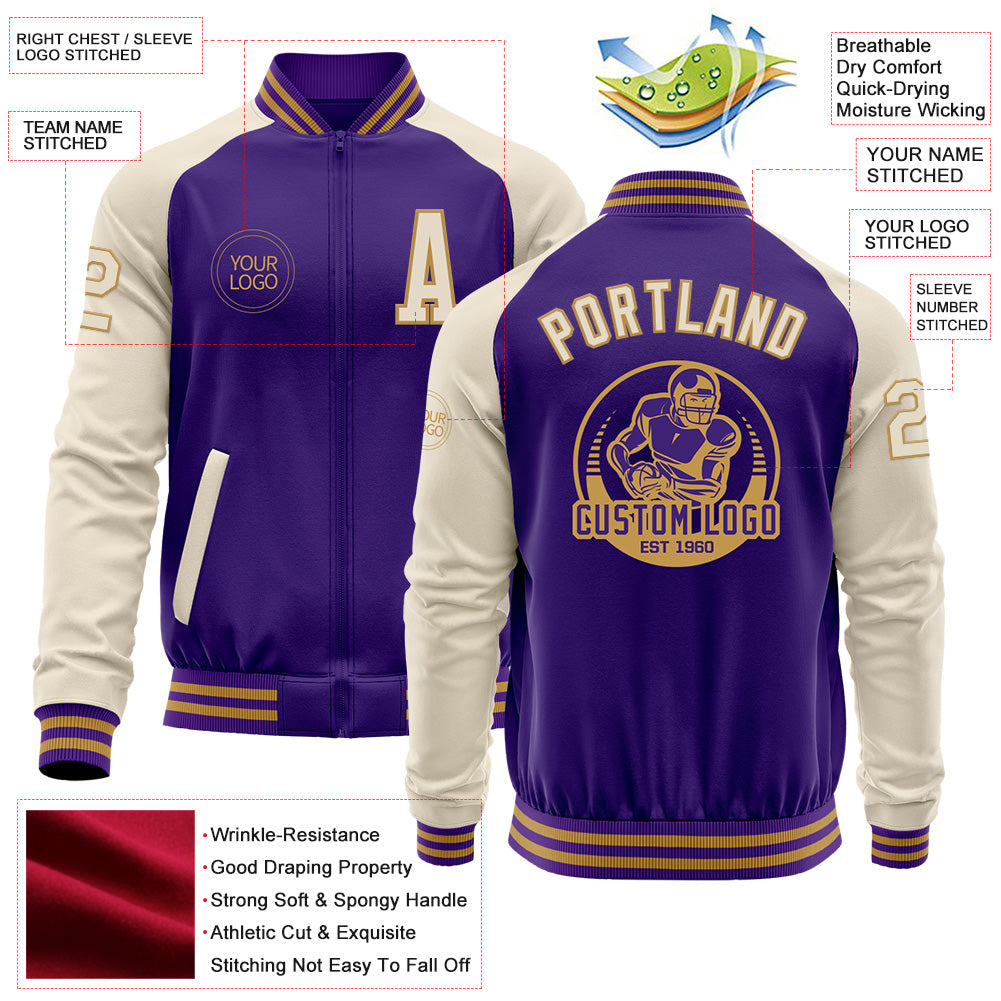 Custom Purple Cream-Old Gold Bomber Varsity Letterman Two Tone Zipper Jacket
