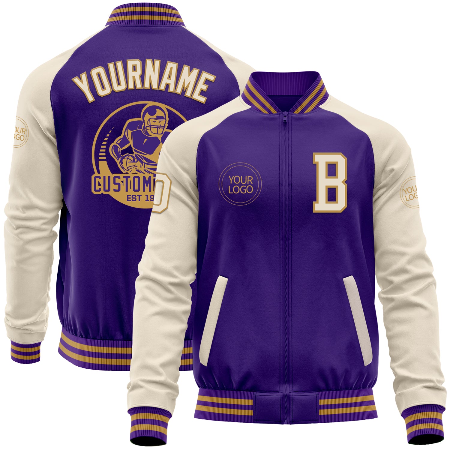 Custom Purple Cream-Old Gold Bomber Varsity Letterman Two Tone Zipper Jacket