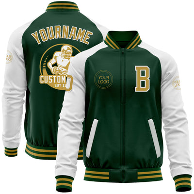 Custom Green Old Gold-White Bomber Varsity Letterman Two Tone Zipper Jacket