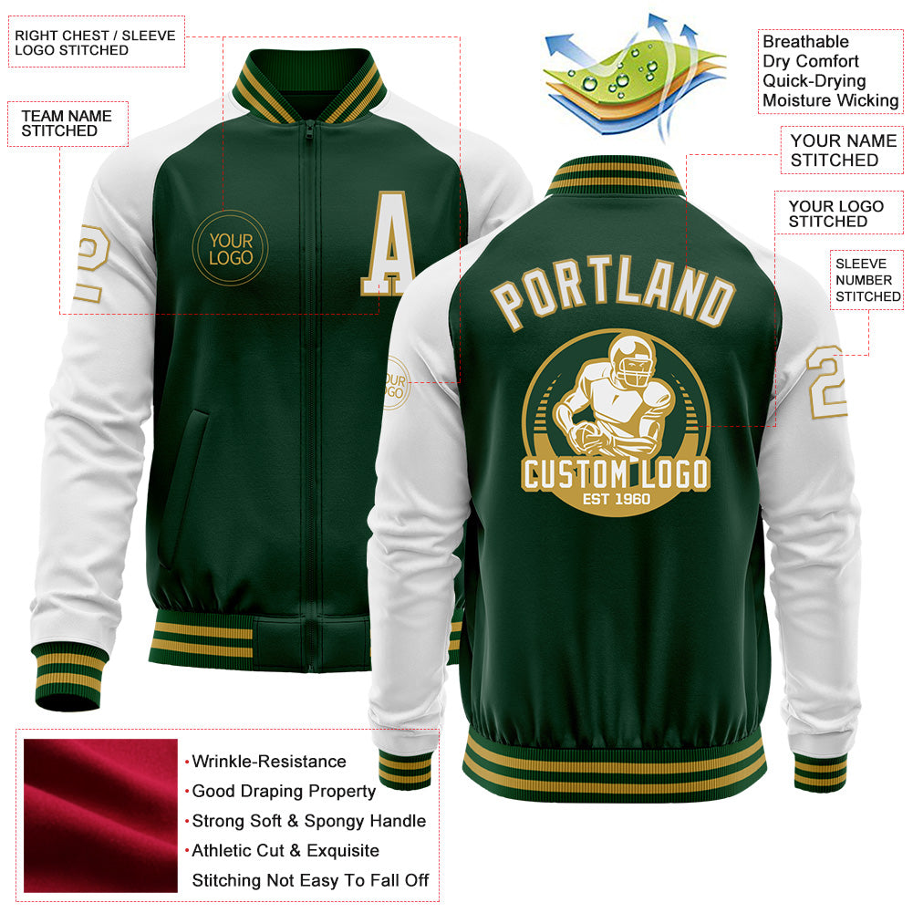 Custom Green White-Old Gold Bomber Varsity Letterman Two Tone Zipper Jacket