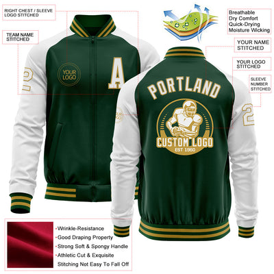 Custom Green White-Old Gold Bomber Varsity Letterman Two Tone Zipper Jacket
