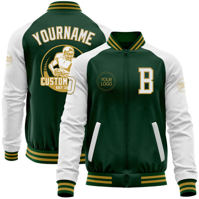 Custom Green White-Old Gold Bomber Varsity Letterman Two Tone Zipper Jacket
