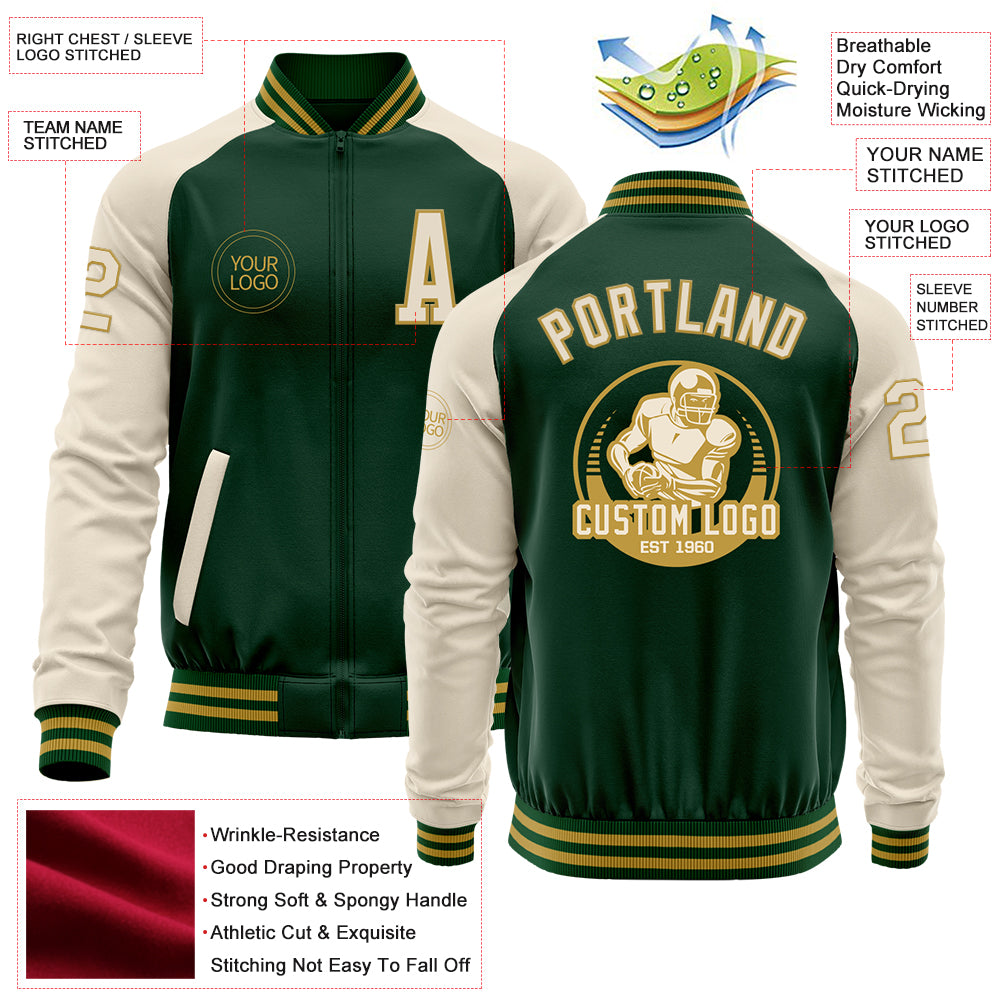 Custom Green Cream-Old Gold Bomber Varsity Letterman Two Tone Zipper Jacket