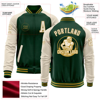 Custom Green Cream-Old Gold Bomber Varsity Letterman Two Tone Zipper Jacket