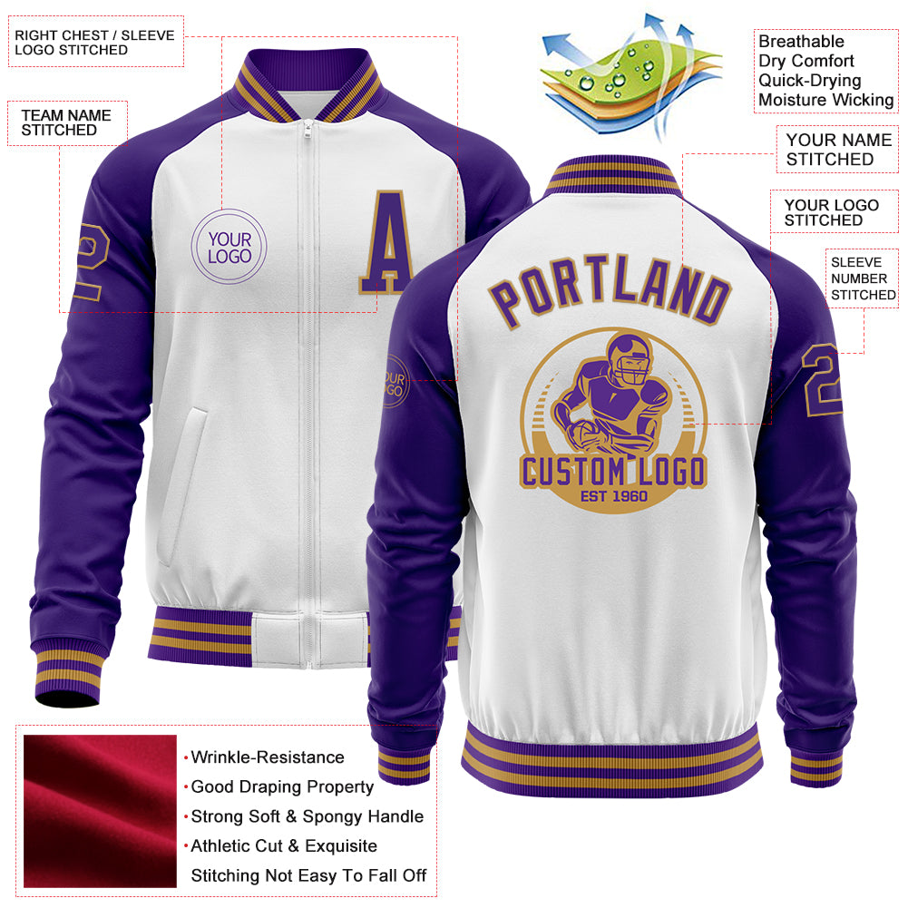 Custom White Purple-Old Gold Bomber Varsity Letterman Two Tone Zipper Jacket