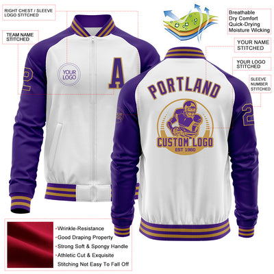 Custom White Purple-Old Gold Bomber Varsity Letterman Two Tone Zipper Jacket
