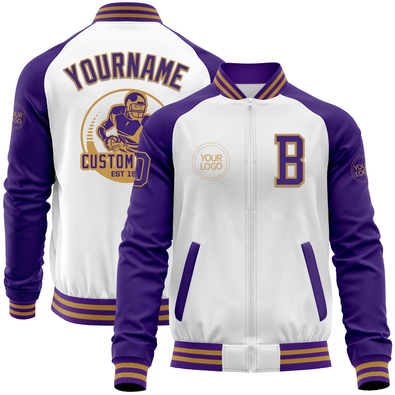 Custom White Purple-Old Gold Bomber Varsity Letterman Two Tone Zipper Jacket