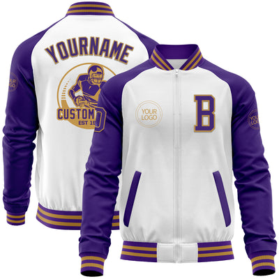 Custom White Purple-Old Gold Bomber Varsity Letterman Two Tone Zipper Jacket