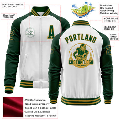 Custom White Green-Old Gold Bomber Varsity Letterman Two Tone Zipper Jacket