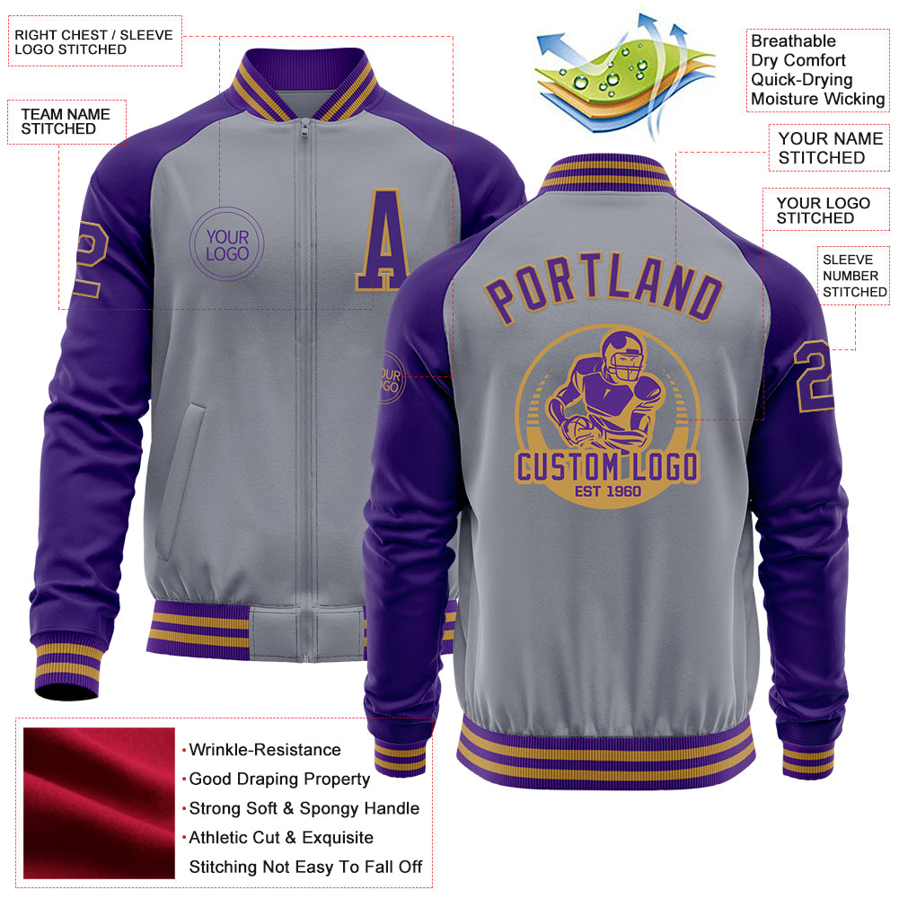Custom Gray Purple-Old Gold Bomber Varsity Letterman Two Tone Zipper Jacket