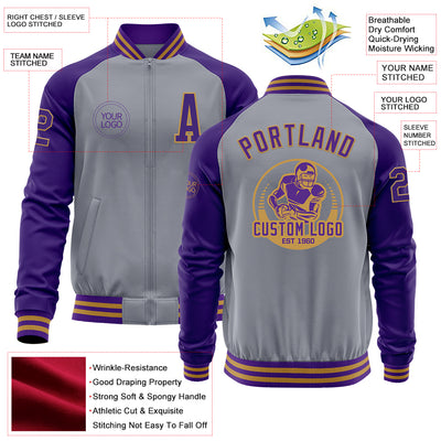 Custom Gray Purple-Old Gold Bomber Varsity Letterman Two Tone Zipper Jacket