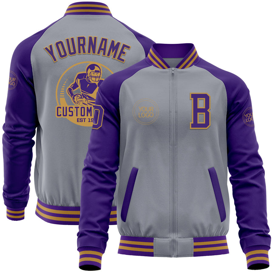 Custom Gray Purple-Old Gold Bomber Varsity Letterman Two Tone Zipper Jacket