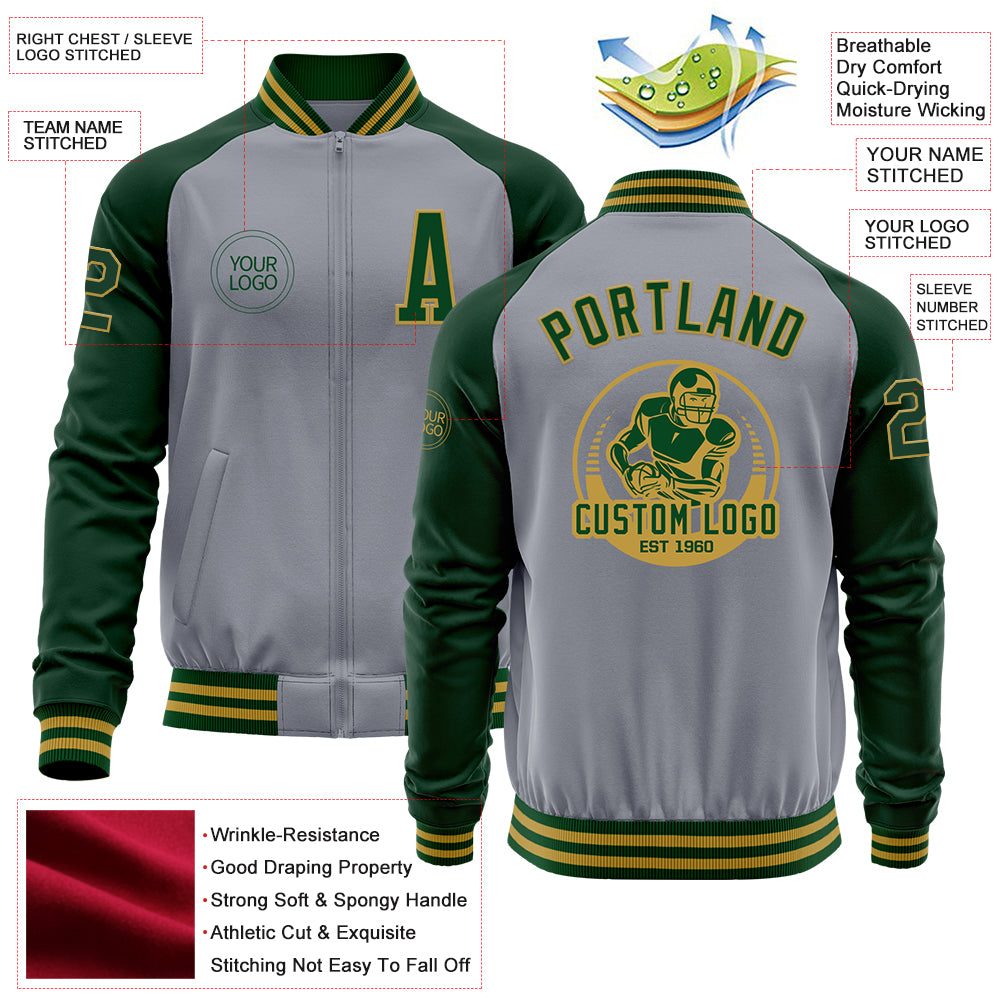 Custom Gray Green-Old Gold Bomber Varsity Letterman Two Tone Zipper Jacket