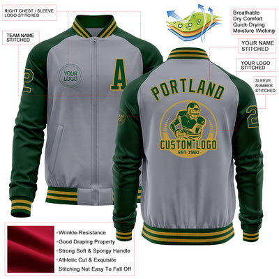 Custom Gray Green-Old Gold Bomber Varsity Letterman Two Tone Zipper Jacket