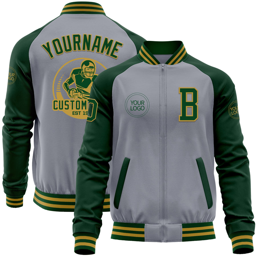 Custom Gray Green-Old Gold Bomber Varsity Letterman Two Tone Zipper Jacket