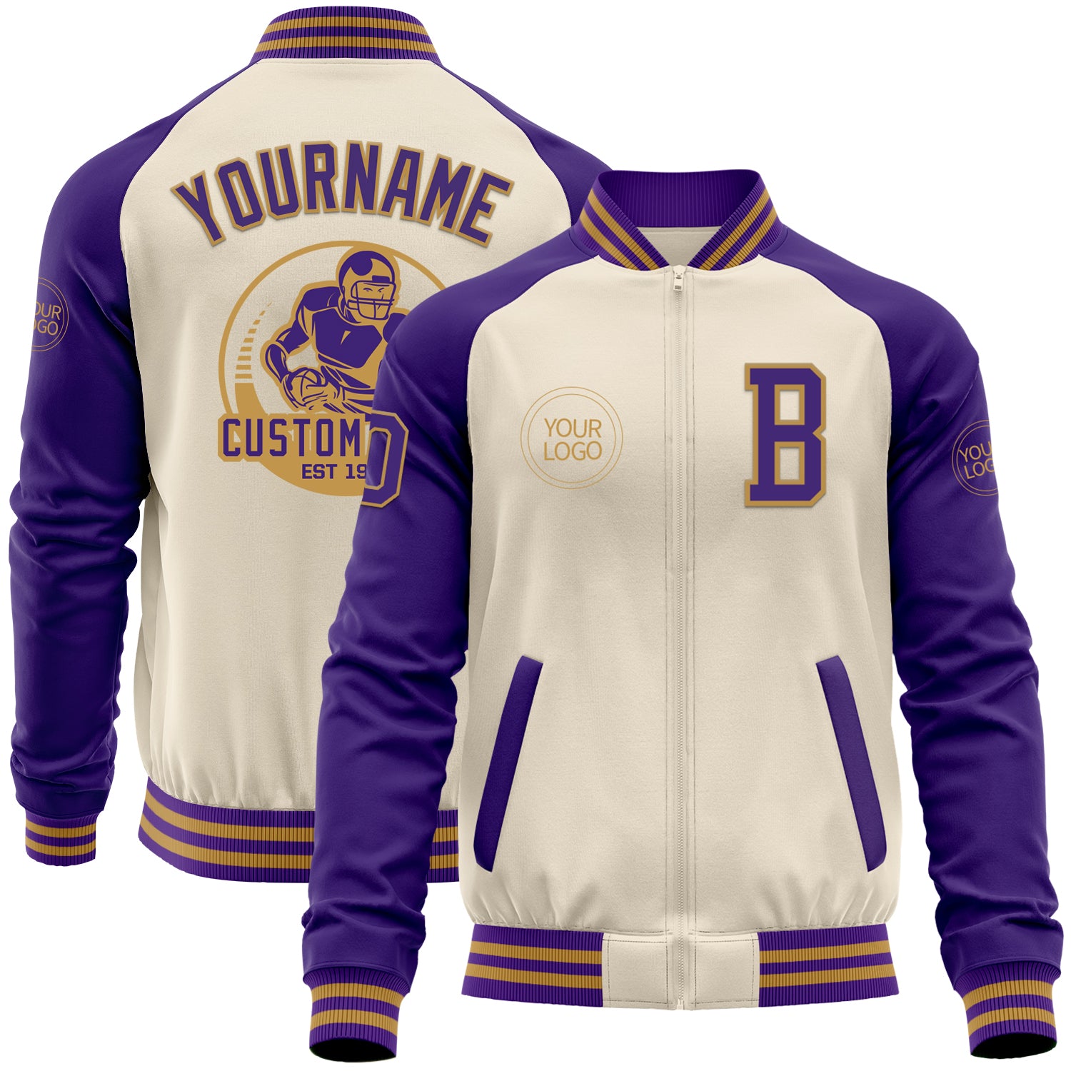 Custom Cream Purple-Old Gold Bomber Varsity Letterman Two Tone Zipper Jacket