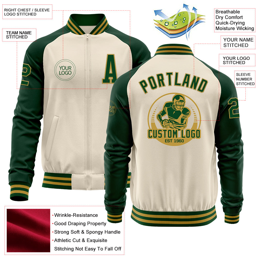 Custom Cream Green-Old Gold Bomber Varsity Letterman Two Tone Zipper Jacket