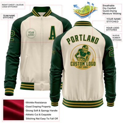 Custom Cream Green-Old Gold Bomber Varsity Letterman Two Tone Zipper Jacket