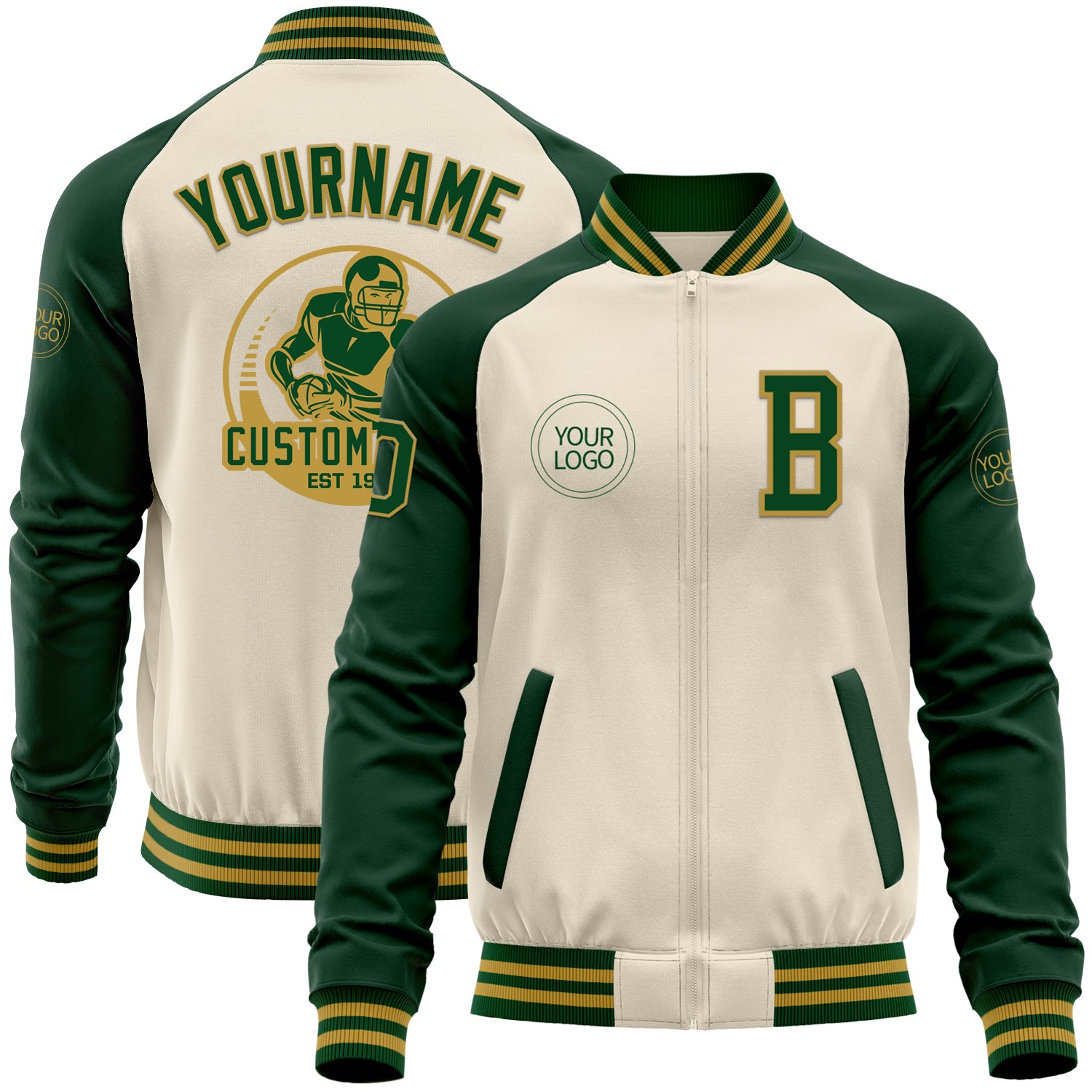 Custom Cream Green-Old Gold Bomber Varsity Letterman Two Tone Zipper Jacket