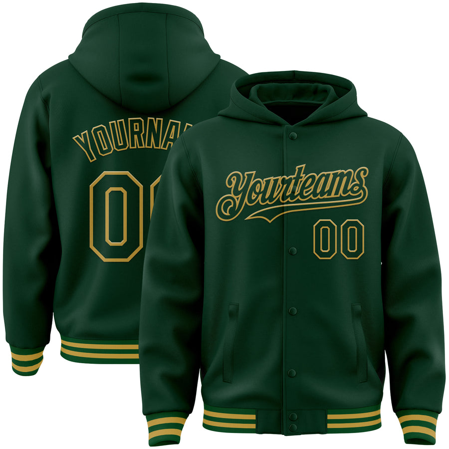 Custom Green Old Gold Bomber Full-Snap Varsity Letterman Hoodie Jacket