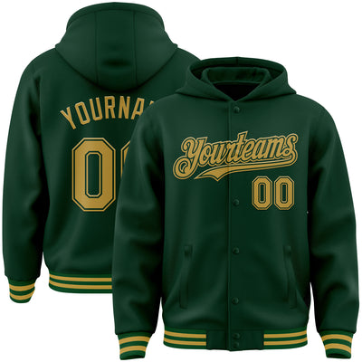 Custom Green Old Gold Bomber Full-Snap Varsity Letterman Hoodie Jacket