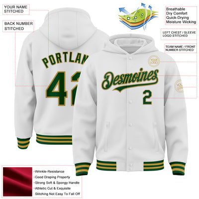 Custom White Green-Old Gold Bomber Full-Snap Varsity Letterman Hoodie Jacket