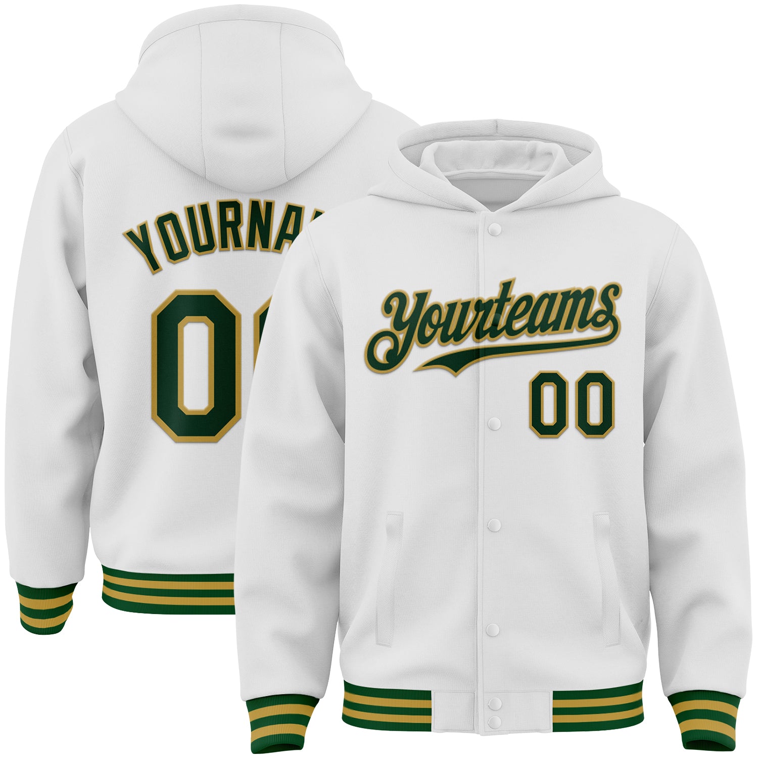 Custom White Green-Old Gold Bomber Full-Snap Varsity Letterman Hoodie Jacket