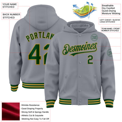Custom Gray Green-Old Gold Bomber Full-Snap Varsity Letterman Hoodie Jacket