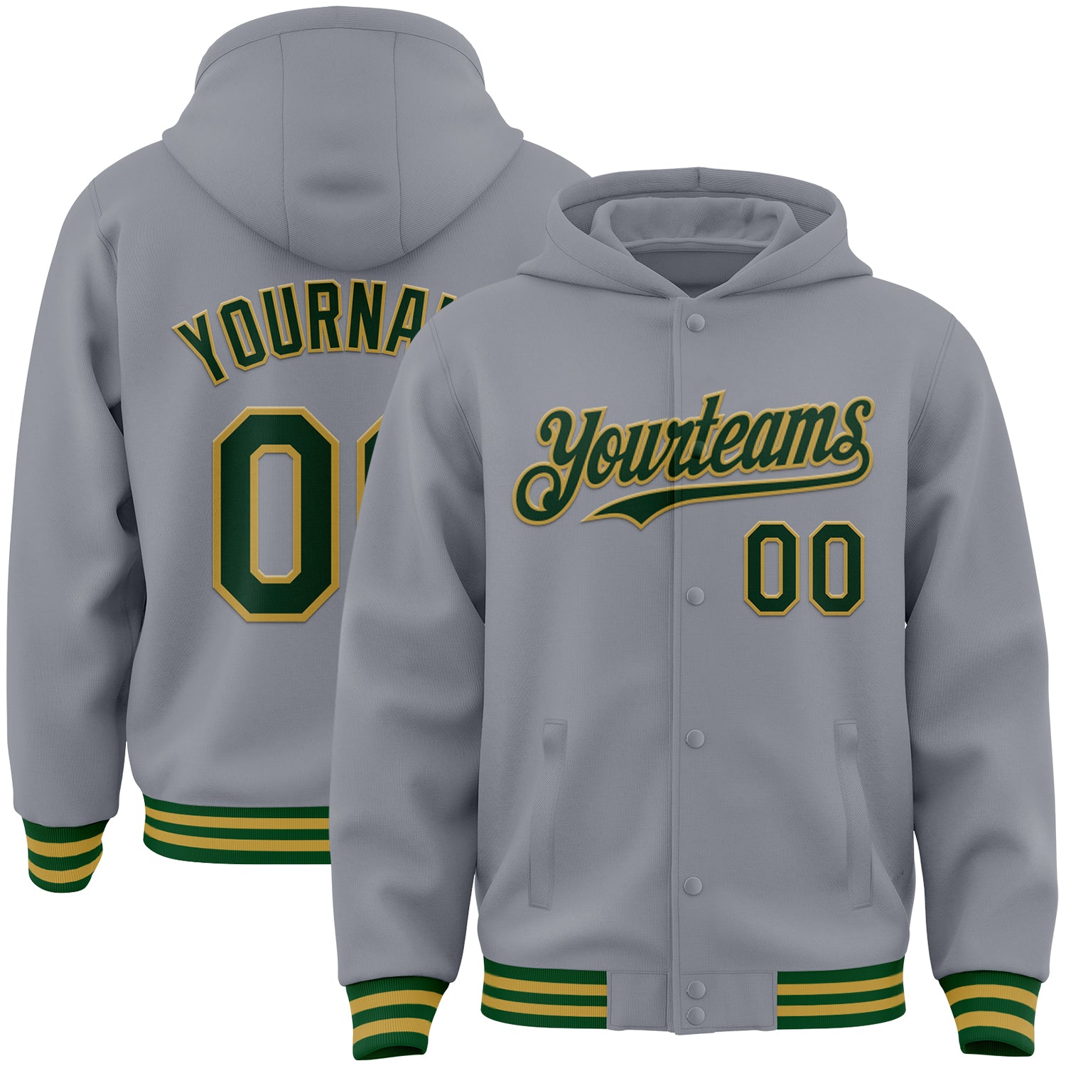 Custom Gray Green-Old Gold Bomber Full-Snap Varsity Letterman Hoodie Jacket