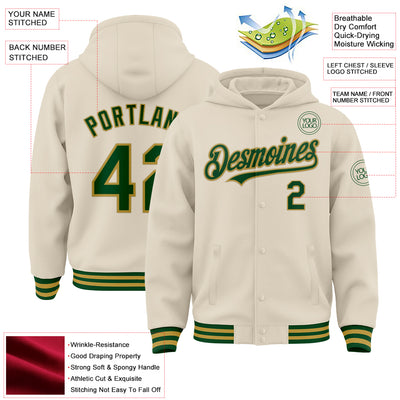 Custom Cream Green-Old Gold Bomber Full-Snap Varsity Letterman Hoodie Jacket