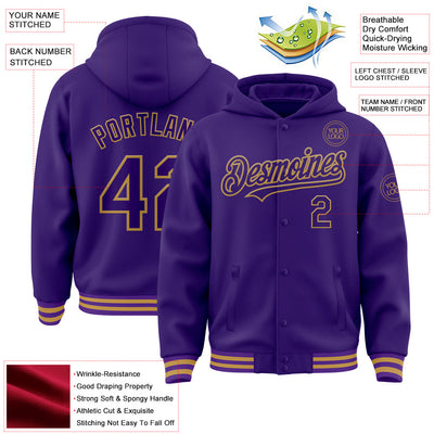 Custom Purple Old Gold Bomber Full-Snap Varsity Letterman Hoodie Jacket