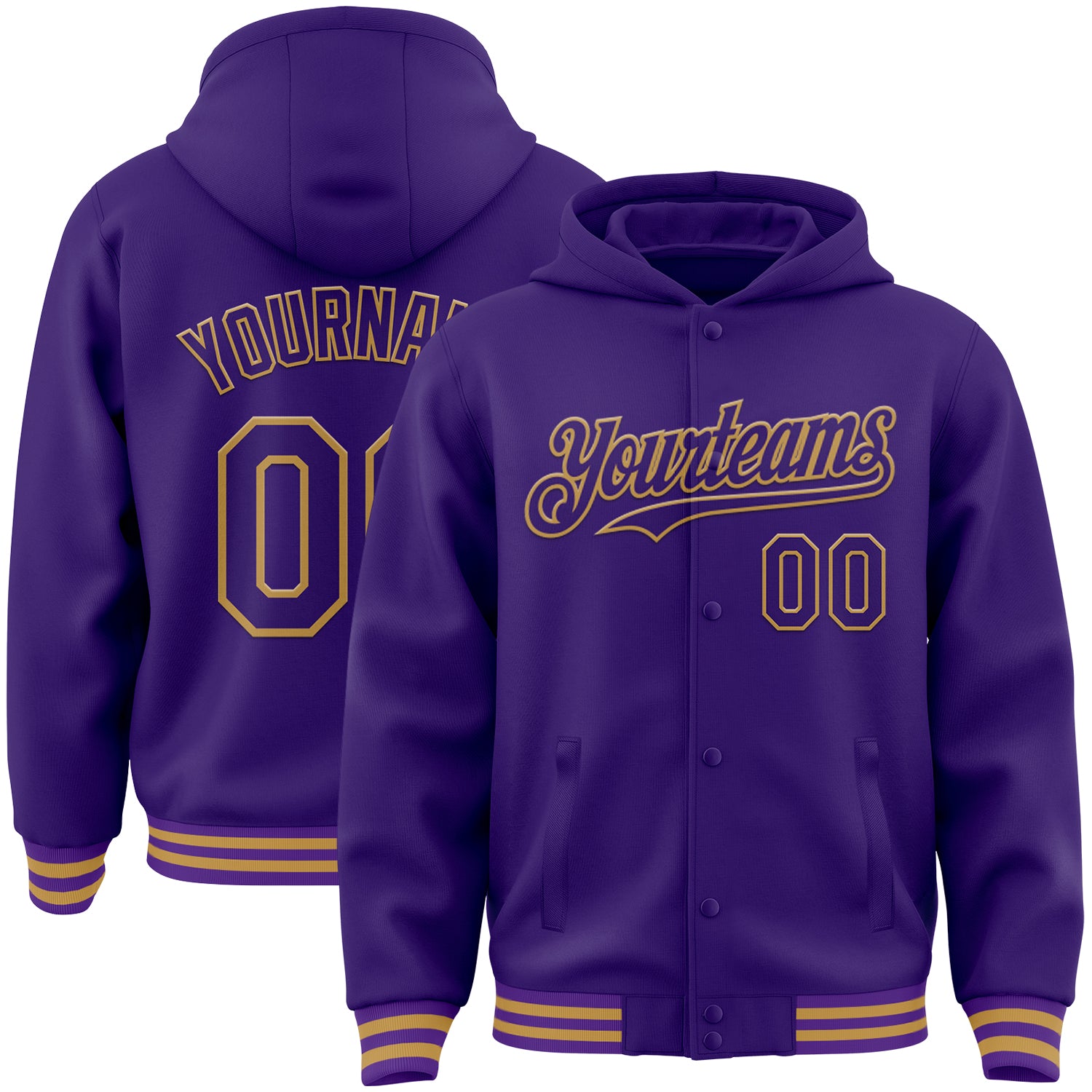 Custom Purple Old Gold Bomber Full-Snap Varsity Letterman Hoodie Jacket