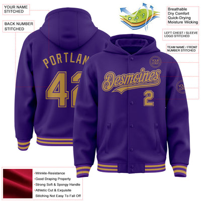 Custom Purple Old Gold Bomber Full-Snap Varsity Letterman Hoodie Jacket