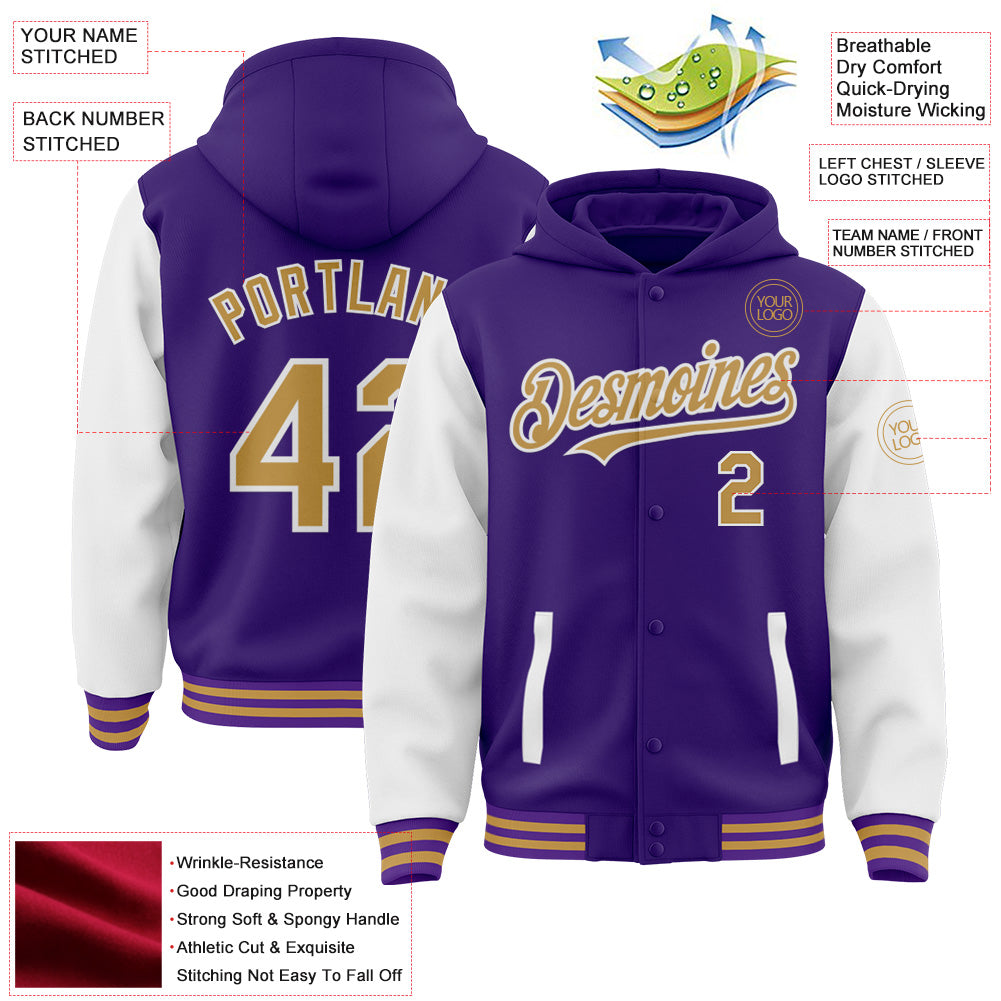 Custom Purple Old Gold-White Bomber Full-Snap Varsity Letterman Two Tone Hoodie Jacket