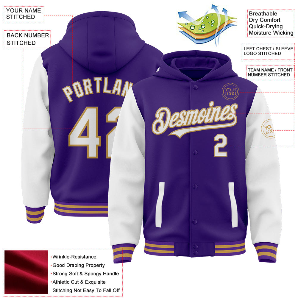 Custom Purple White-Old Gold Bomber Full-Snap Varsity Letterman Two Tone Hoodie Jacket