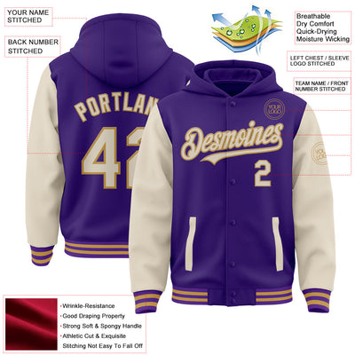 Custom Purple Cream-Old Gold Bomber Full-Snap Varsity Letterman Two Tone Hoodie Jacket