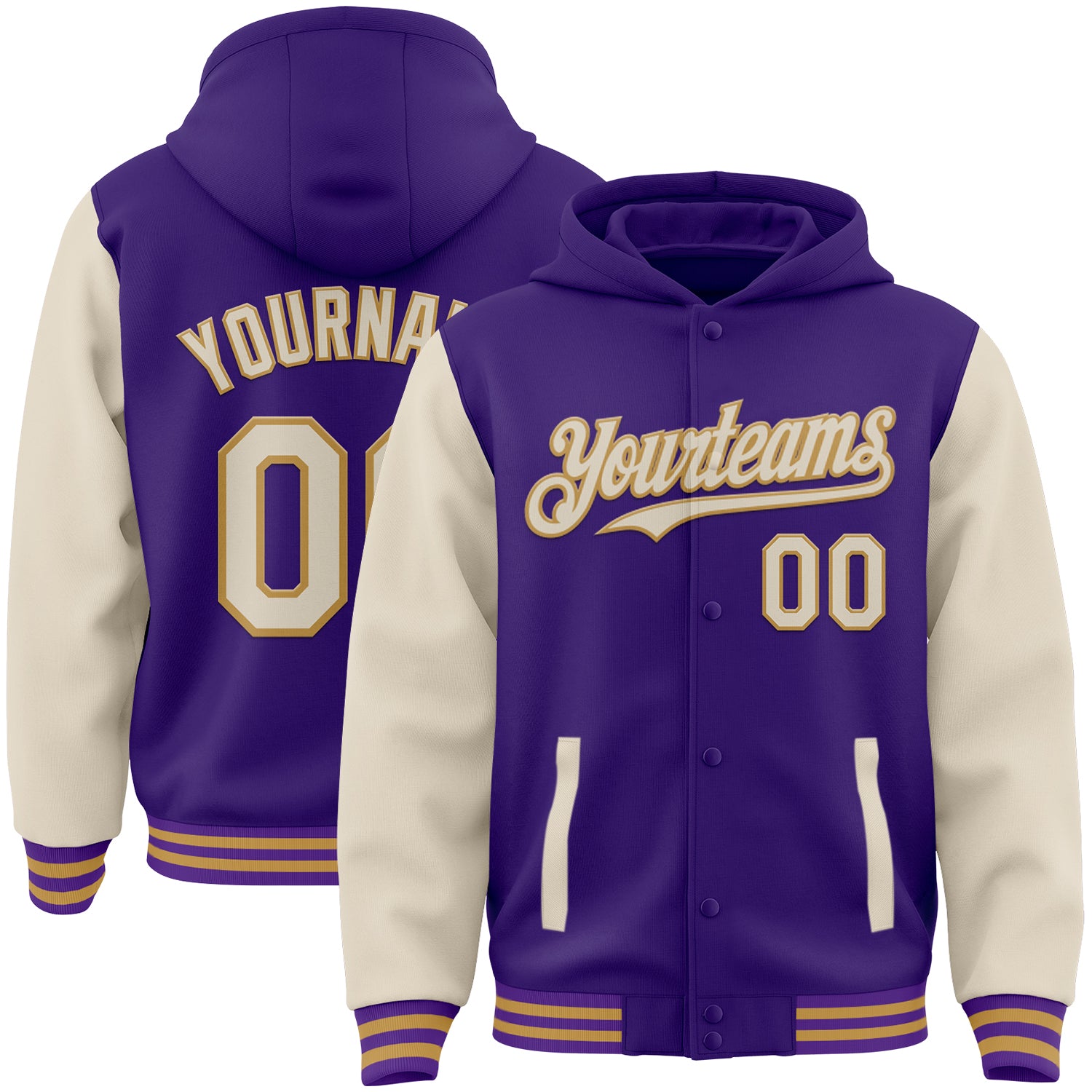 Custom Purple Cream-Old Gold Bomber Full-Snap Varsity Letterman Two Tone Hoodie Jacket