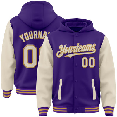 Custom Purple Cream-Old Gold Bomber Full-Snap Varsity Letterman Two Tone Hoodie Jacket