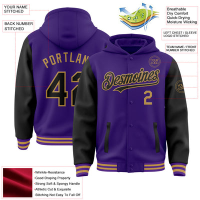 Custom Purple Black-Old Gold Bomber Full-Snap Varsity Letterman Two Tone Hoodie Jacket