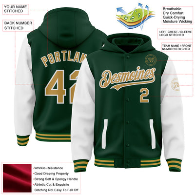 Custom Green Old Gold-White Bomber Full-Snap Varsity Letterman Two Tone Hoodie Jacket