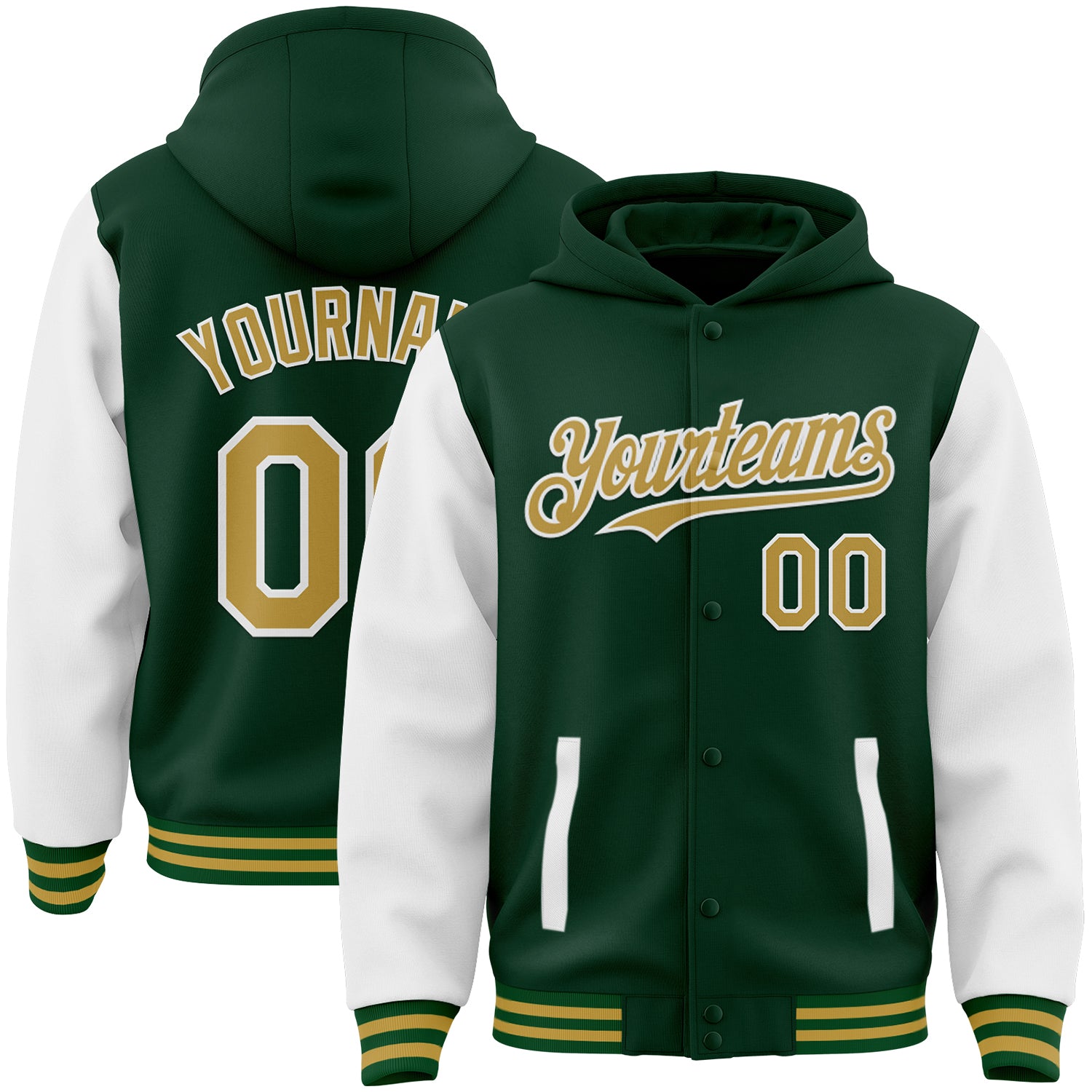 Custom Green Old Gold-White Bomber Full-Snap Varsity Letterman Two Tone Hoodie Jacket