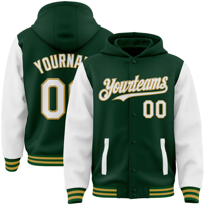 Custom Green White-Old Gold Bomber Full-Snap Varsity Letterman Two Tone Hoodie Jacket