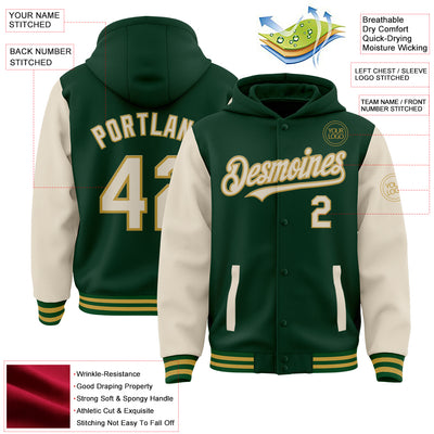 Custom Green Cream-Old Gold Bomber Full-Snap Varsity Letterman Two Tone Hoodie Jacket