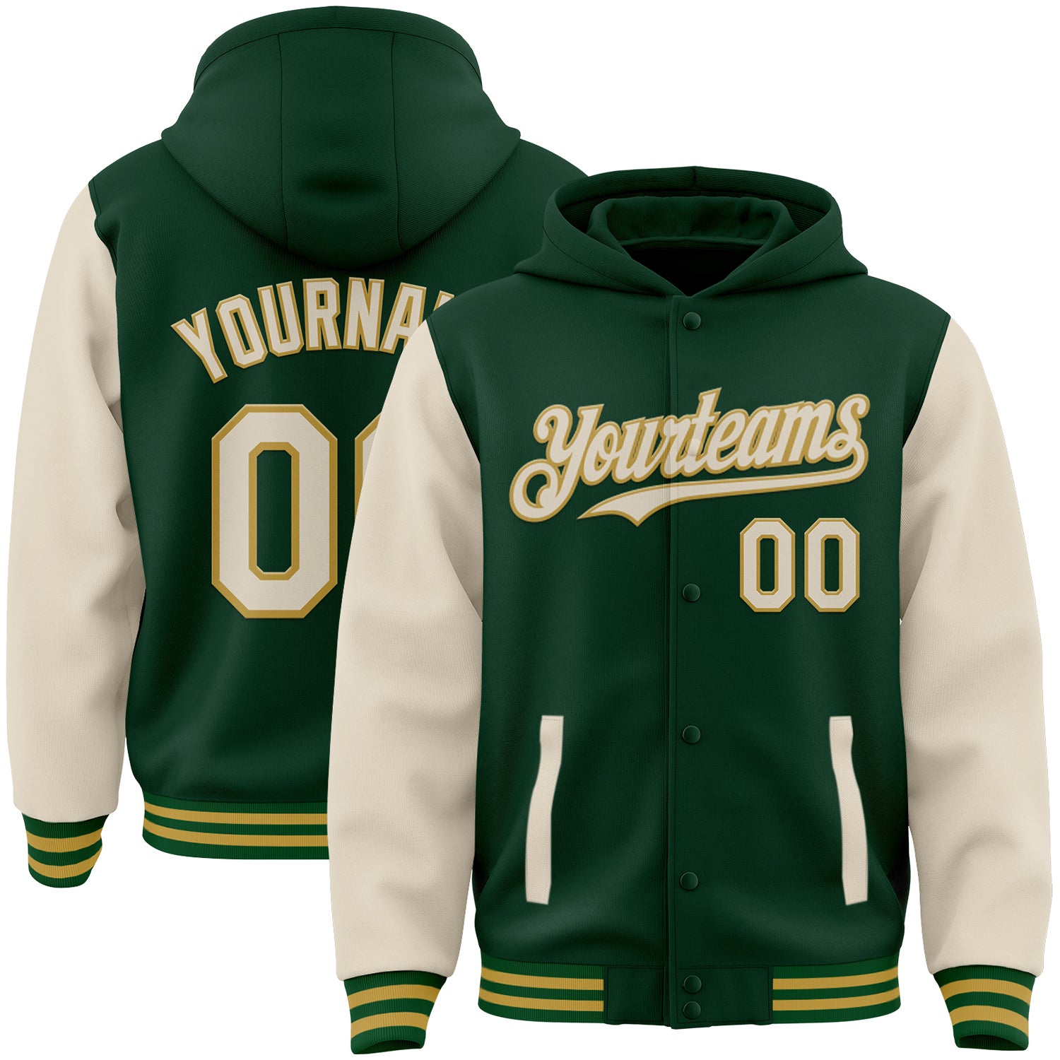 Custom Green Cream-Old Gold Bomber Full-Snap Varsity Letterman Two Tone Hoodie Jacket