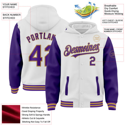 Custom White Purple-Old Gold Bomber Full-Snap Varsity Letterman Two Tone Hoodie Jacket