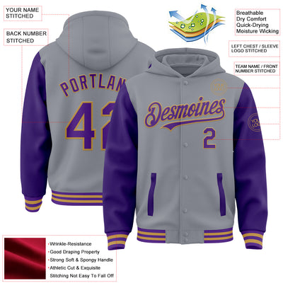 Custom Gray Purple-Old Gold Bomber Full-Snap Varsity Letterman Two Tone Hoodie Jacket